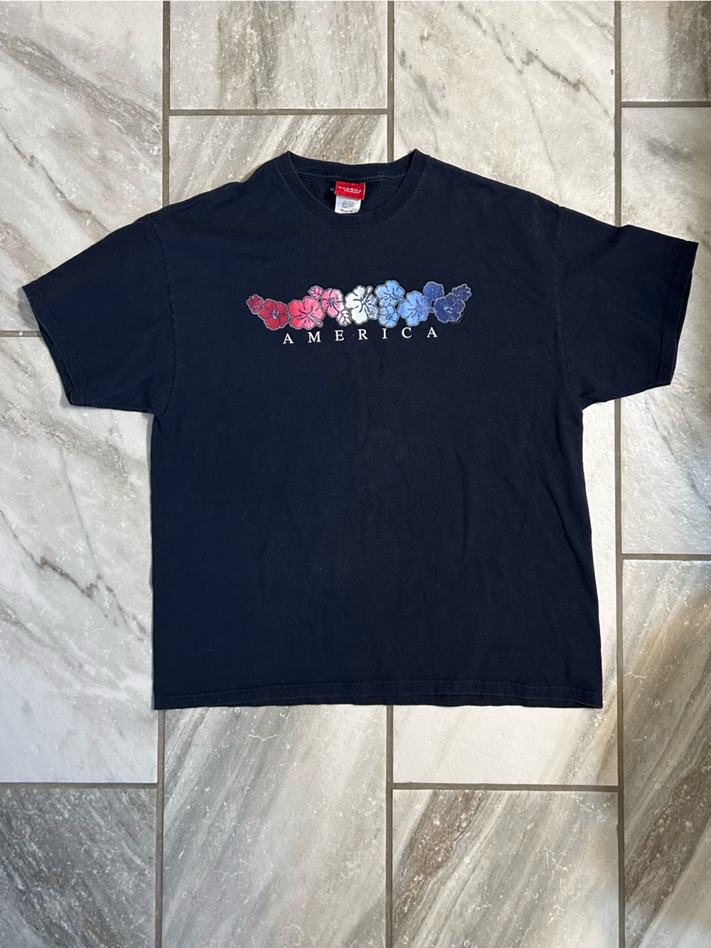 VTG Sonoma America Patriotic Floral Graphic Tee Navy Blue Size XL